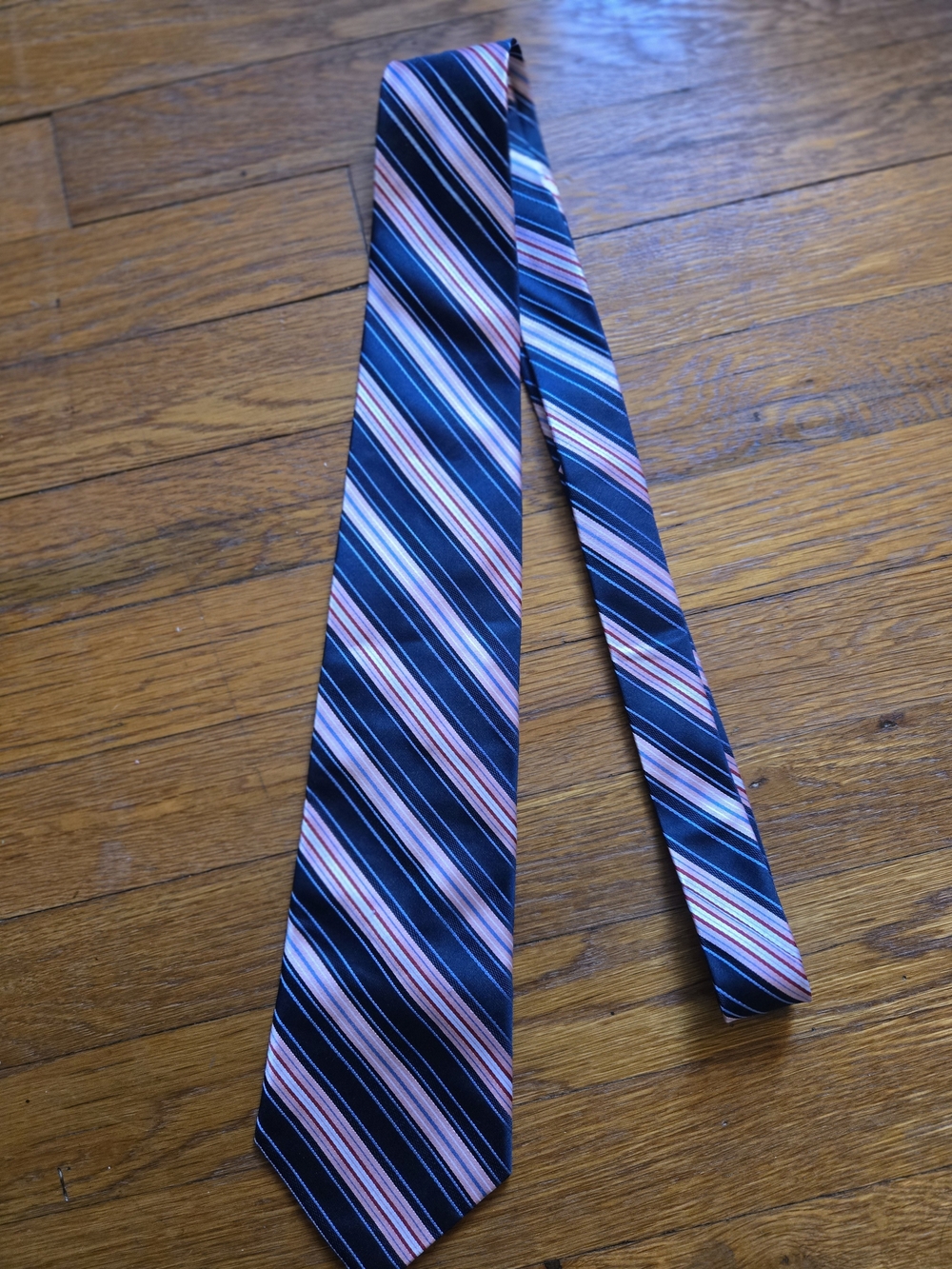 Jones New York Men's Blue Striped Necktie with Pink and White Accents